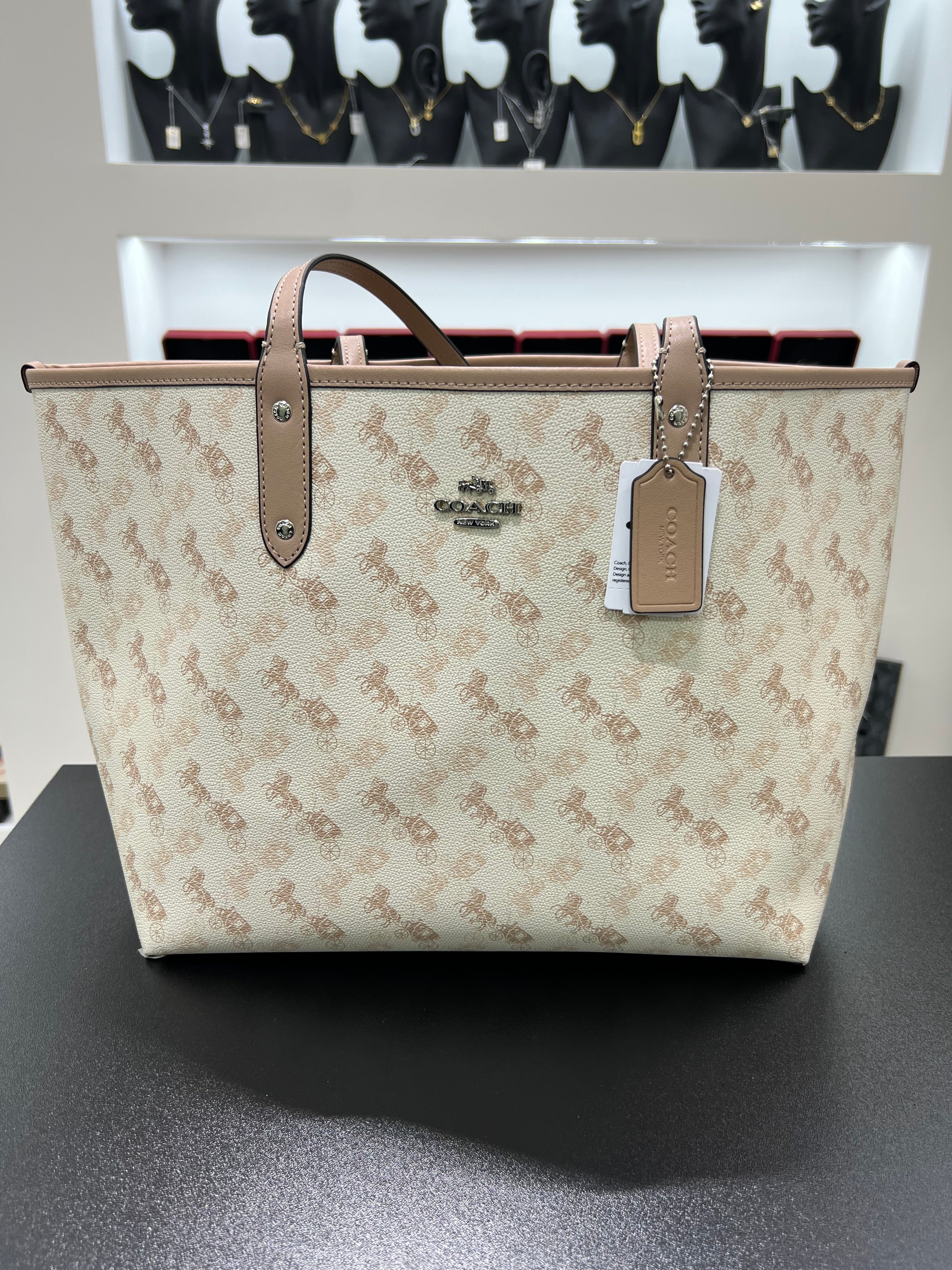 Reversible City Tote with Horse and Carriage Print".