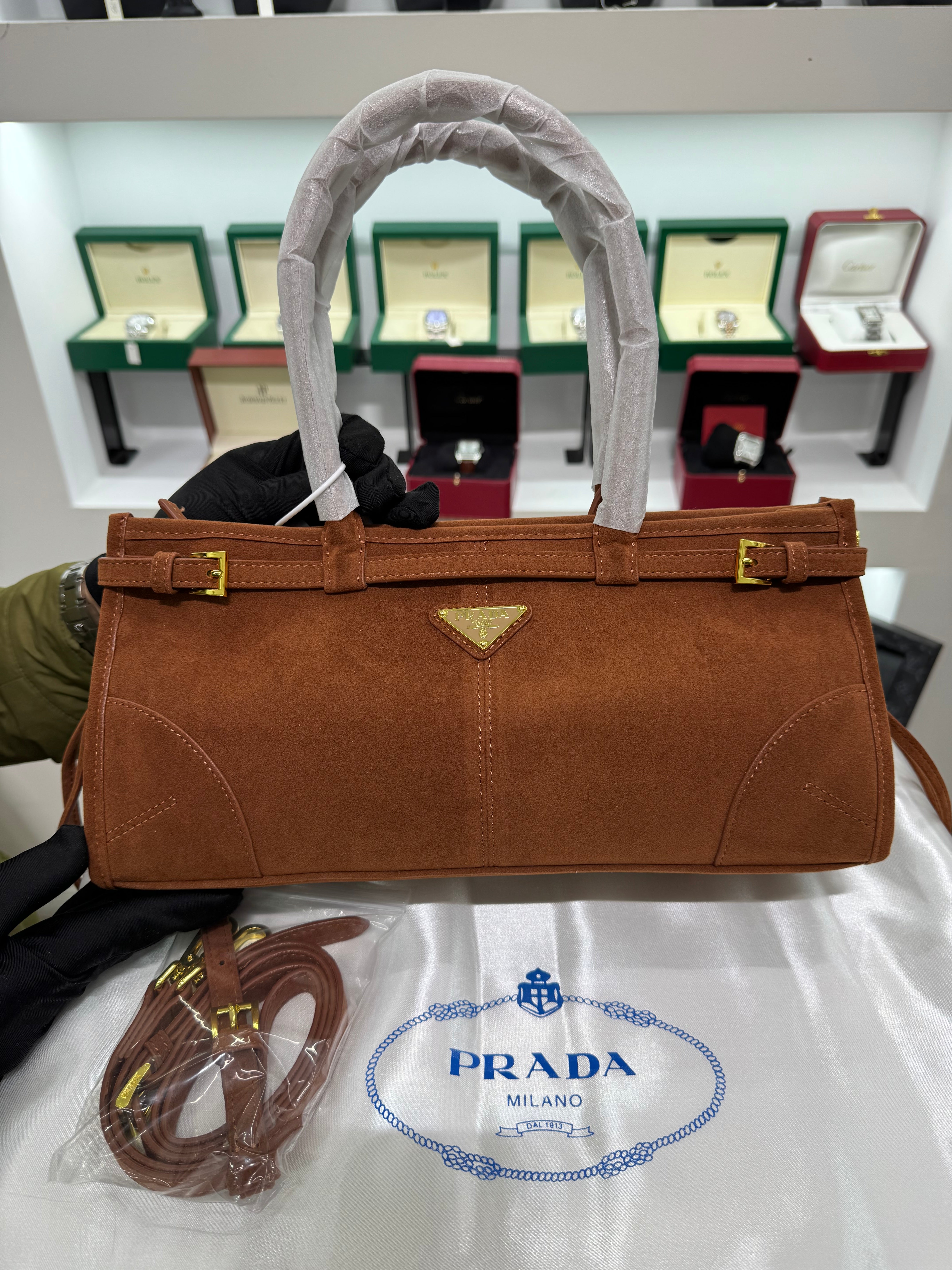 Suede Belted Top-Handle medium Bag