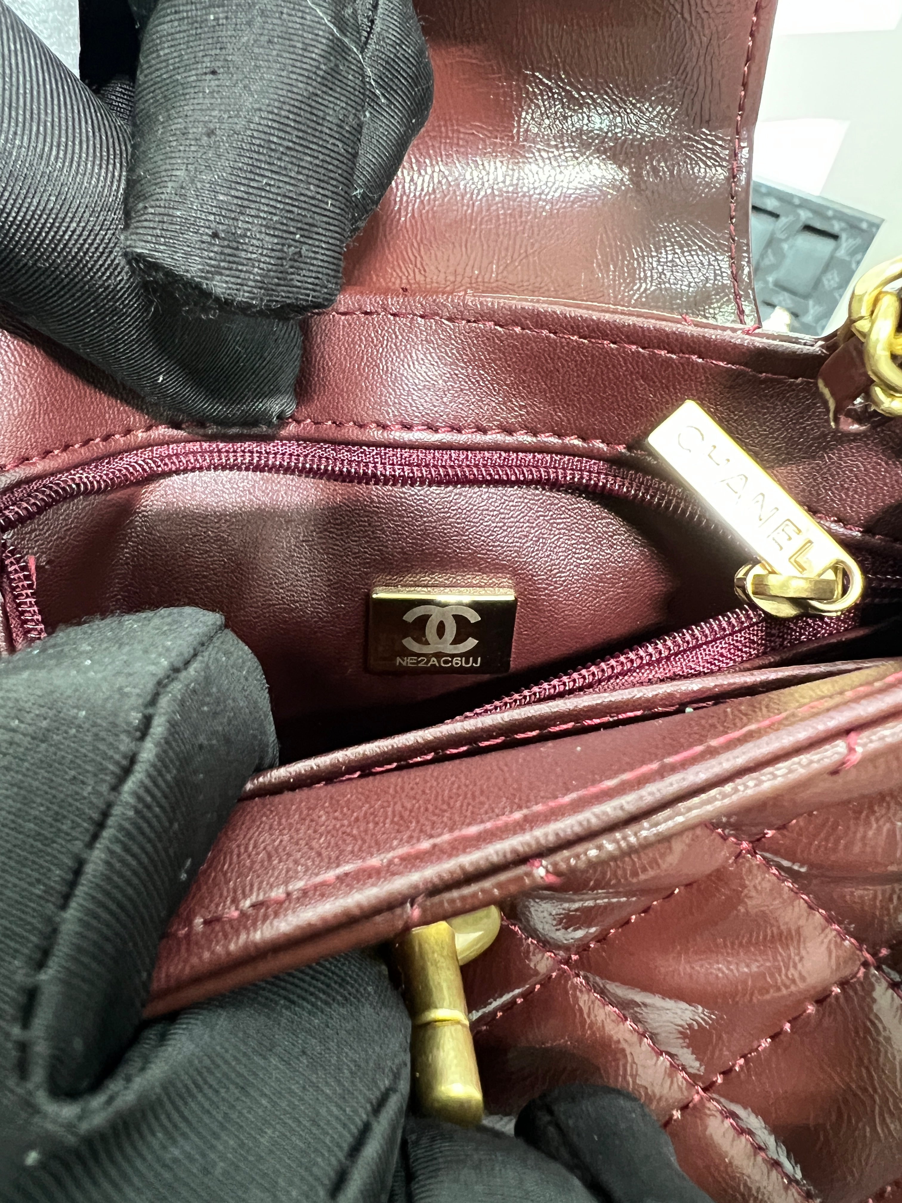 Handle Mini Flap Bag – Patent Calfskin (Burgundy)