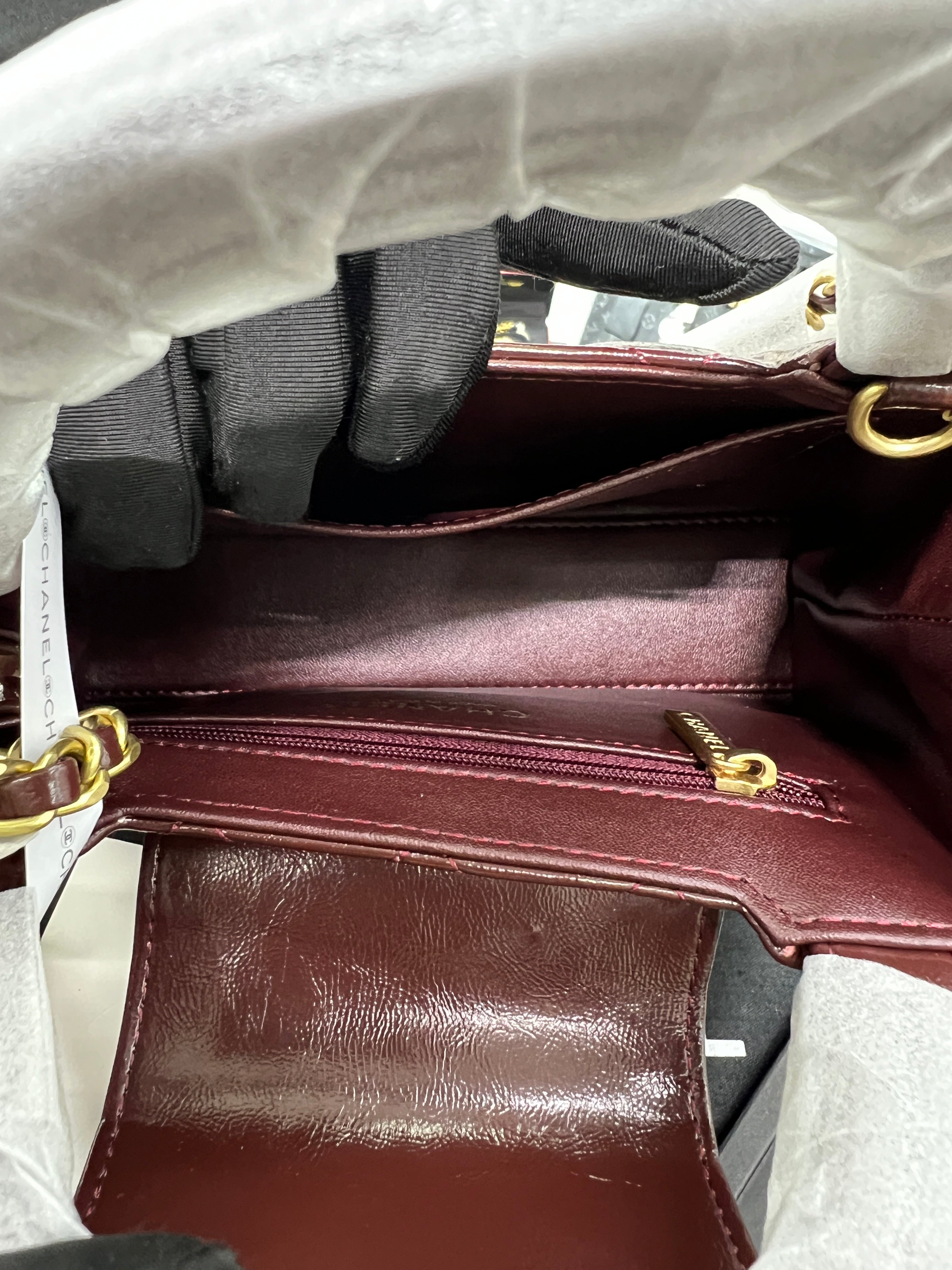 Handle Mini Flap Bag – Patent Calfskin (Burgundy)
